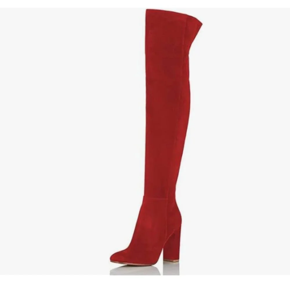 Red Women Over The Knee Chunky High Heels Stretch Thigh High Zipper Long Boot